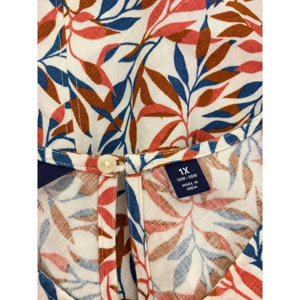 Lands End Linen Shift Dress Womens 1X Multi Color Leaf Print Sleeveless Pockets